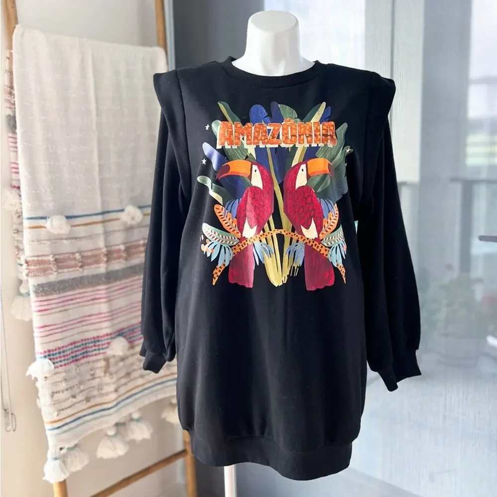 Farm Rio Amazonia Black Long Balloon Sleeves Sweat Dress Women’s Size Medium - Picture 1 of 11